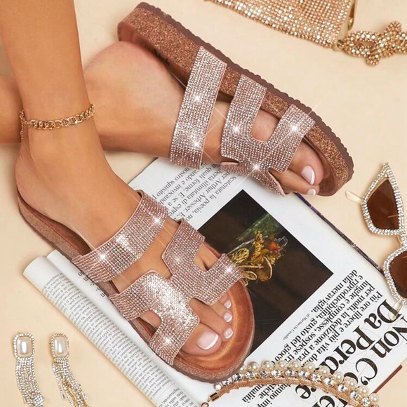 RoseGold Slide Flat Sandals with Rhinestones - Picture 3 of 5